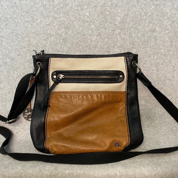 The Sak Leather Colorblocked Crossbody Bag Black Tan White Adjustable strap - Picture 1 of 15